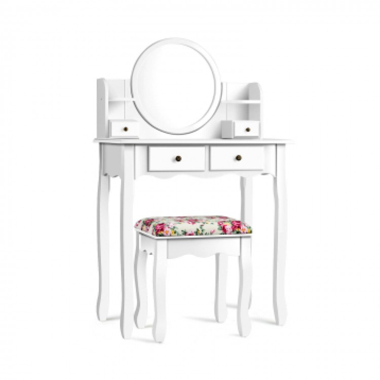 Makeup vanity table set in white with oval mirror, 4 drawers, and cushioned stool, perfect for girls' dressing needs.