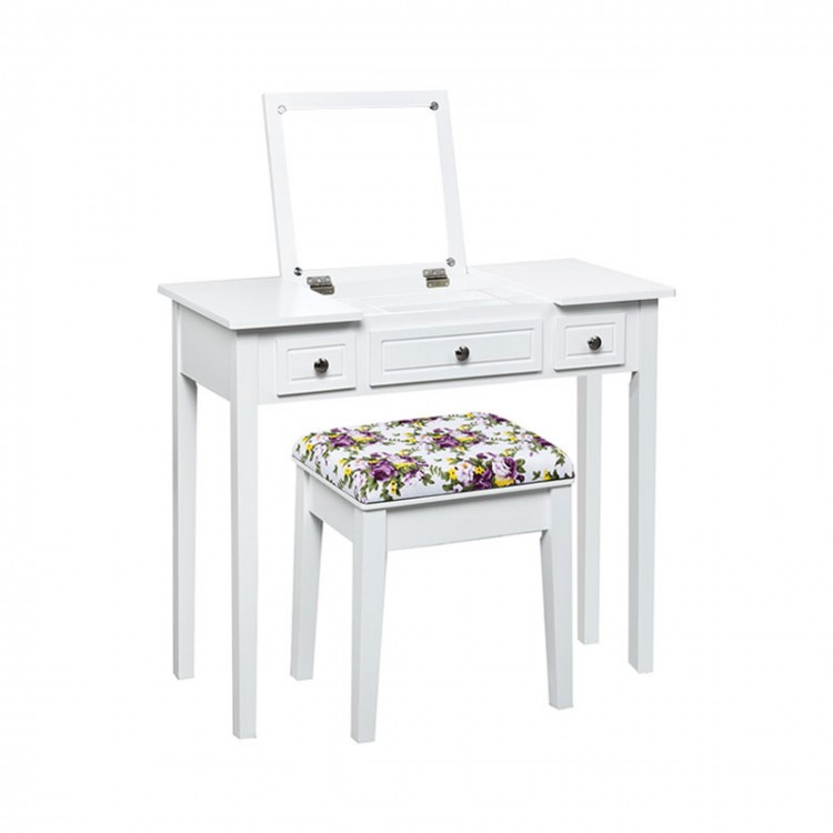 Vanity dressing table set in white with flip top mirror and floral stool, featuring three drawers for ample storage.