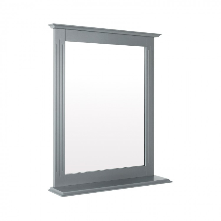Gray wall-mounted vanity mirror with shelf, featuring high-definition glass and elegant groove design for versatile.