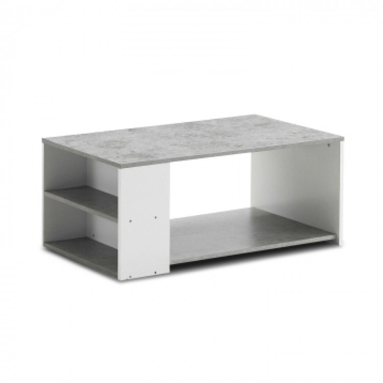 Gray coffee table with storage shelves made of P2 MDF, featuring a smooth surface and modern design for living room or.