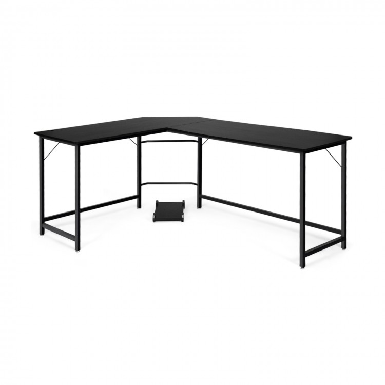 L-shaped corner computer desk in black with spacious surface, adjustable footpads, and separate CPU stand for efficient.