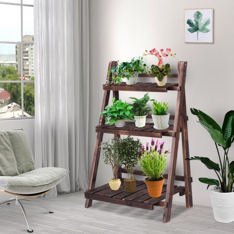 Close-up of the three-tier wooden folding flower stand showcasing its natural wood finish, ideal for plants and.
