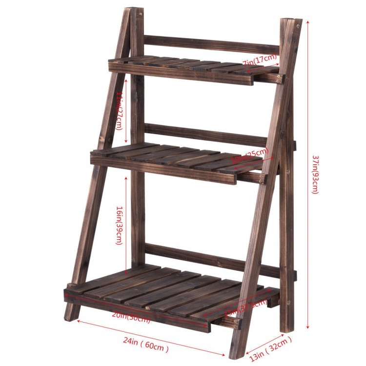 Three-tier wooden folding flower stand with slatted shelves, ideal for plants or decorative items, perfect for outdoor.
