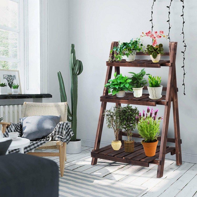 Three-tier wooden folding flower stand with potted plants, perfect for indoor or outdoor decoration and storage.