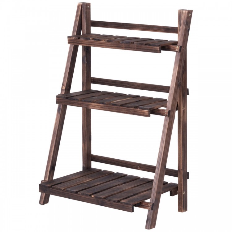 Three-tier folding flower stand made of durable fir wood, perfect for displaying plants in outdoor or indoor settings.