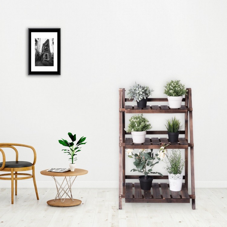 Three-tier wooden folding flower stand with potted plants, perfect for outdoor or indoor decoration and storage.