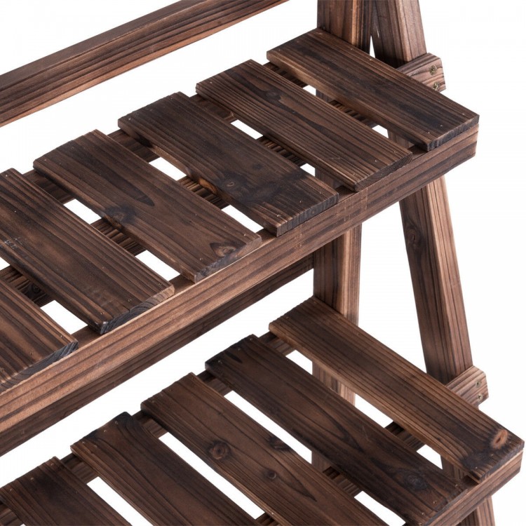 Three-tier wooden folding flower stand showcasing slatted shelves, perfect for outdoor plant display or indoor decor.