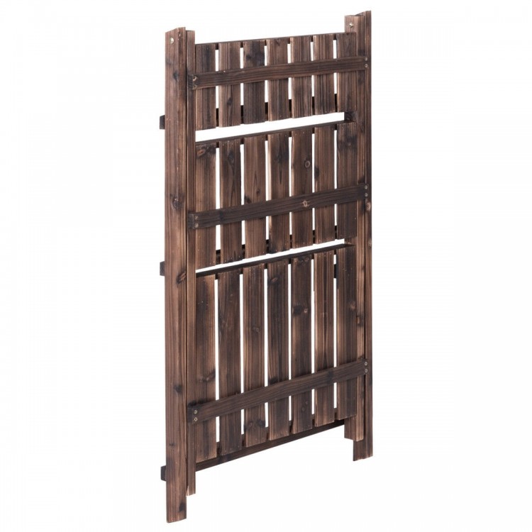 Three-tier wooden folding flower stand with slatted shelves, perfect for displaying plants indoors or outdoors.