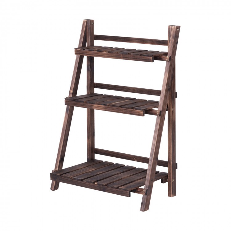 Three-tier folding display flower stand made of durable fir wood, perfect for outdoor or indoor plant decoration.