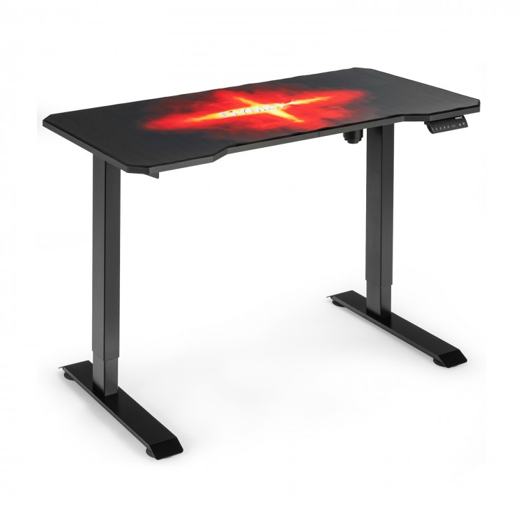 Electric standing gaming desk with carbon fiber texture, height adjustable, ideal for gaming and working environments.