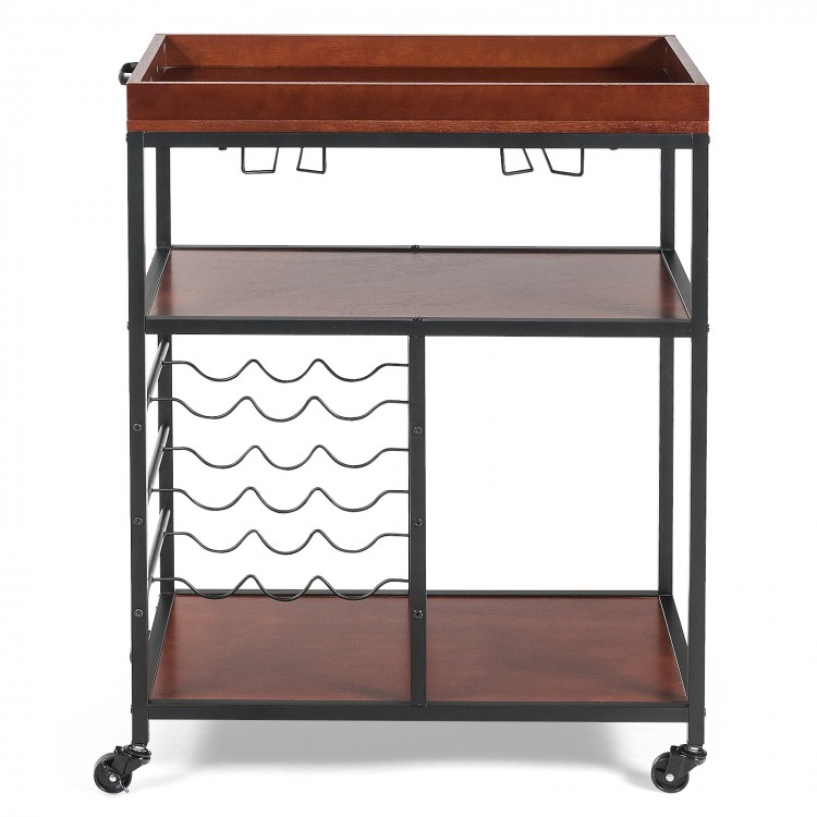 Three-tier serving cart featuring a stylish wooden top and metal frame, perfect for organizing wine and glassware in.