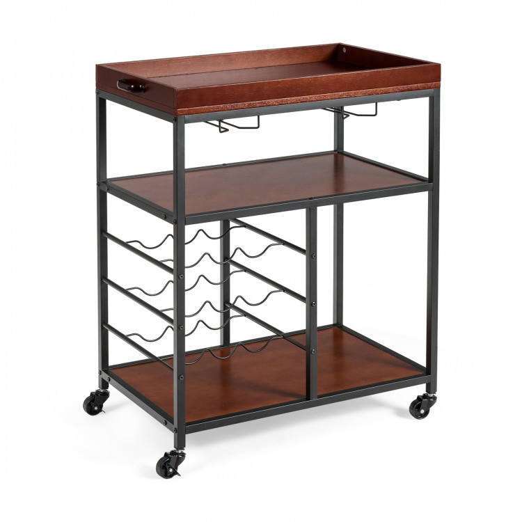 Three-tier serving cart with wine rack, featuring a durable design and guardrails, perfect for home organization and.