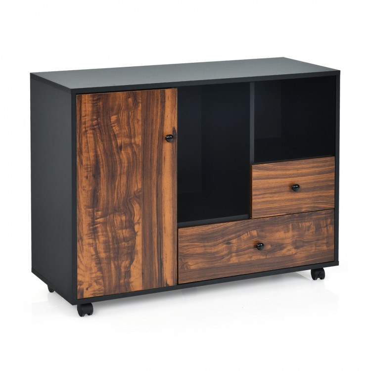 Mobile filing cabinet with 2 drawers and open shelves, featuring a retro brown wood grain design for home and office.