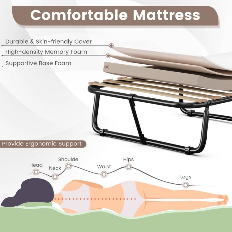 Twin size folding guest bed with soft memory foam mattress and sturdy steel frame, ideal for easy storage and comfort.