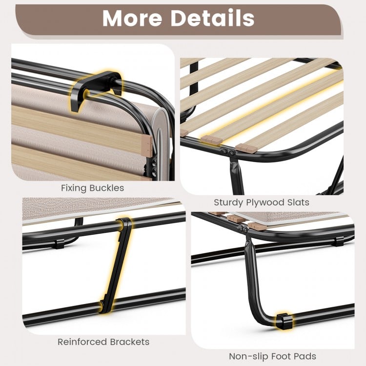 Detail shots of the twin size folding guest bed's sturdy plywood slats, reinforced brackets, and non-slip foot pads.