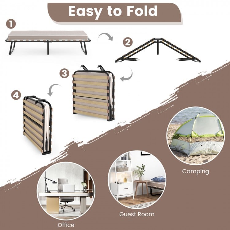 Twin size folding guest bed with memory foam mattress, easy to fold for storage, ideal for camping or guest rooms.