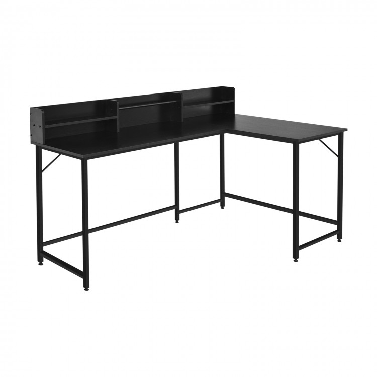 L-shaped black computer desk with sleek modern design and adjustable foot pads, perfect for maximizing workspace.