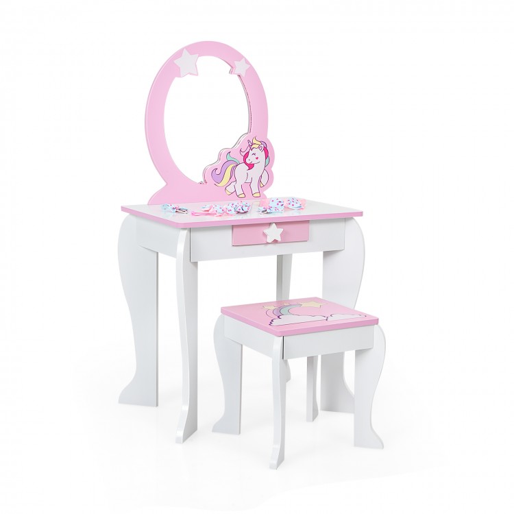 Wooden Makeup Dressing Table and Chair Set with Mirror and Drawer - Gallery View 1 of 12