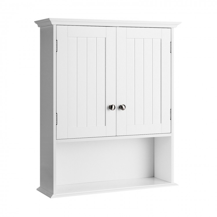 White wall-mounted bathroom cabinet with two doors and adjustable shelves for efficient storage and easy access.