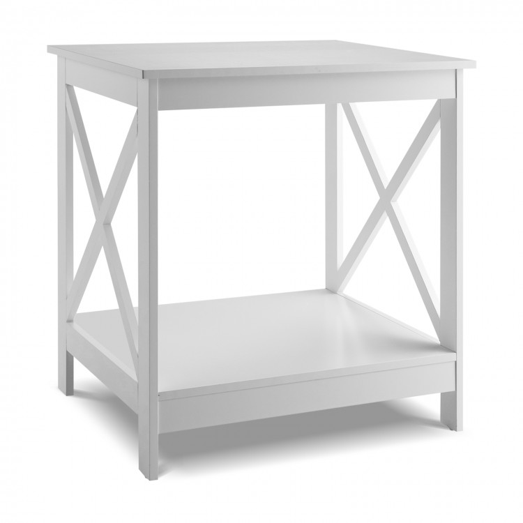 White 2-tier side table with X-shape design, stable legs, and open shelf for versatile storage in living room or.