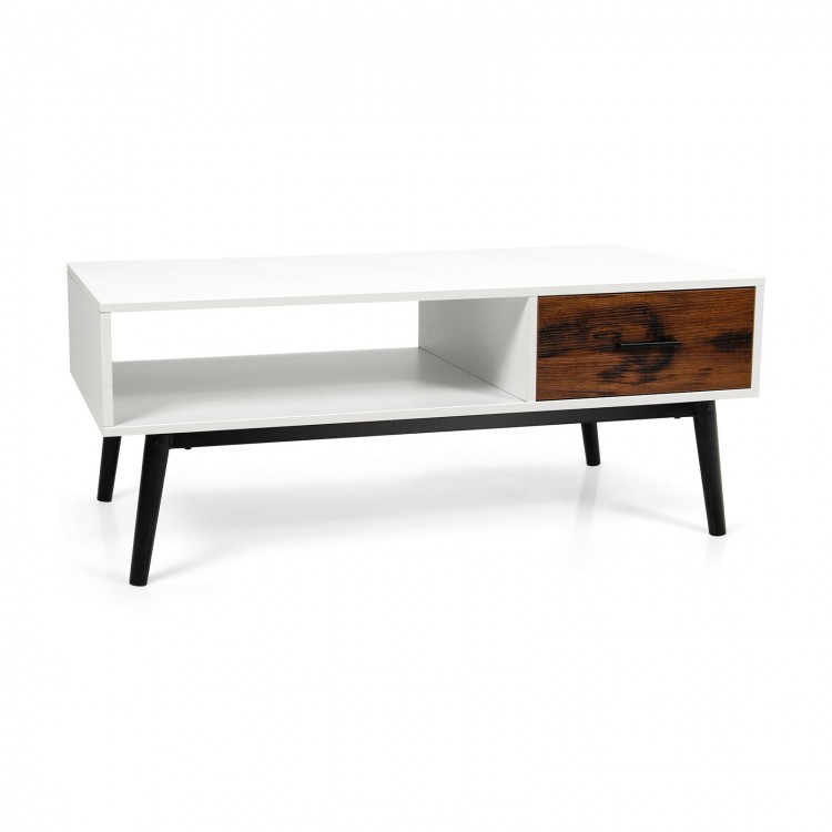 Rectangular wooden coffee table showcasing a sleek design with an open shelf and sturdy metal legs for enhanced.