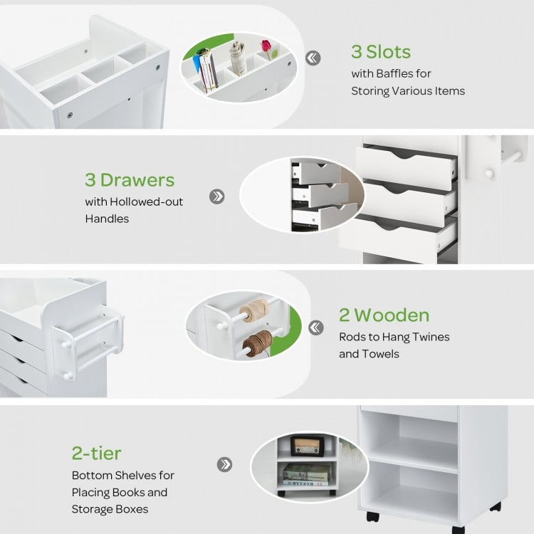 Wooden utility rolling craft storage cart in white featuring 3 drawers, 3 slots, and 2 wooden rods for versatile.