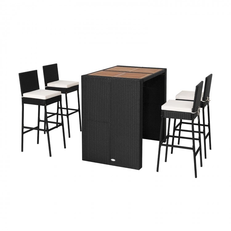 5-piece patio dining set featuring a solid acacia wood tabletop and weather-resistant PE wicker bar stools with.