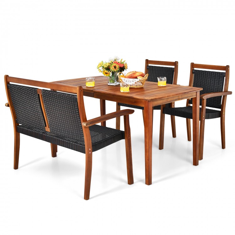Acacia wood patio dining set with rattan chairs, featuring a large tabletop and ergonomic design for outdoor dining.