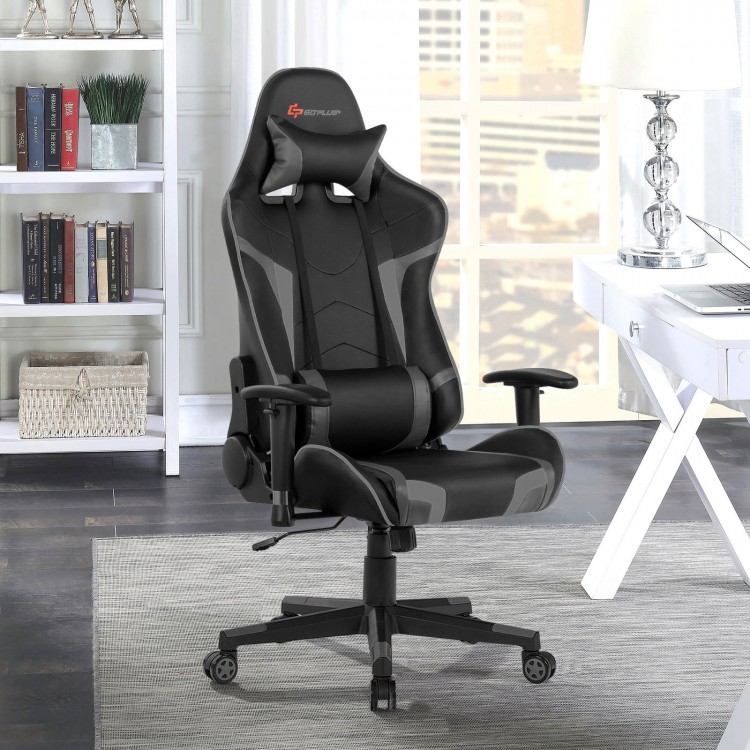Reclining swivel gaming chair in gray with lumbar support, adjustable armrests, and smooth-rolling wheels for comfort.