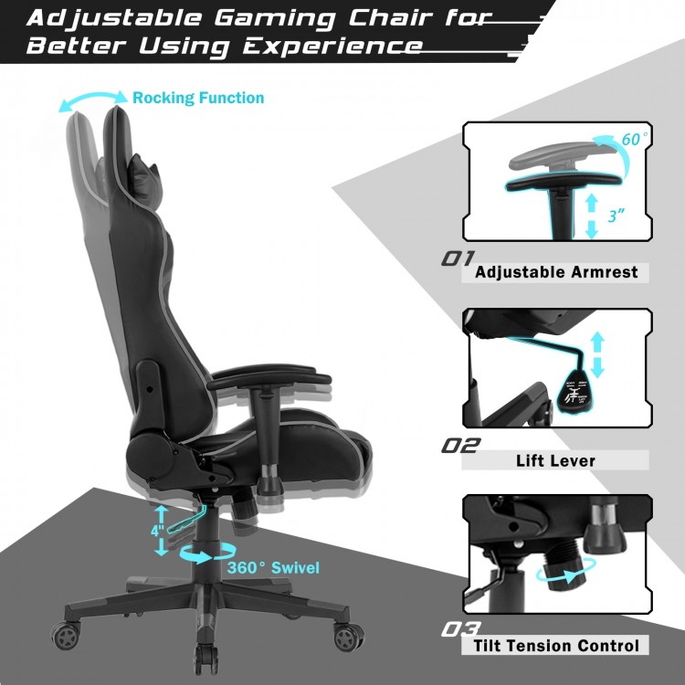 Reclining swivel gaming chair in gray with adjustable armrests and lumbar support for enhanced comfort and stability.