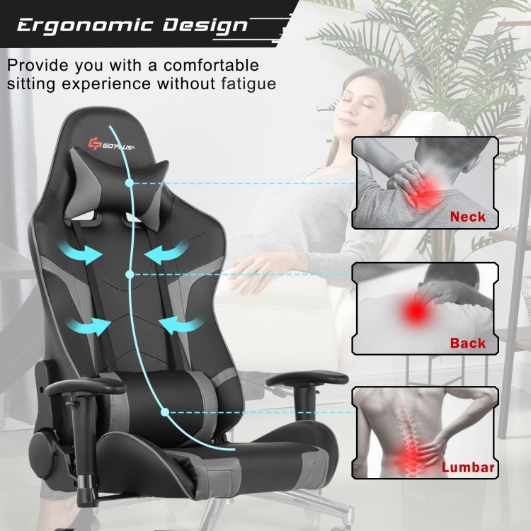 Reclining swivel gaming chair in gray with lumbar support, ergonomic design for comfort during gaming or office use.