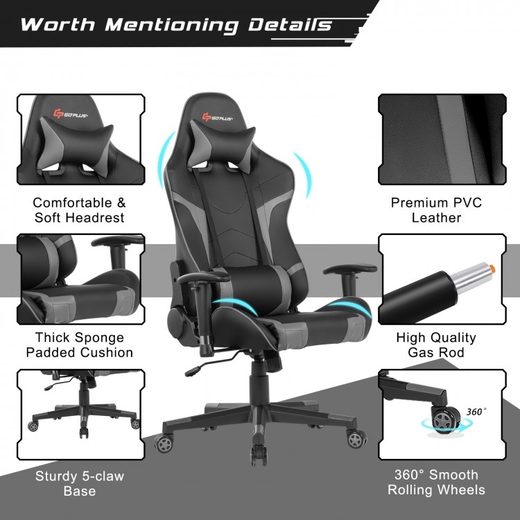 Reclining swivel gaming chair in gray with adjustable backrest, lumbar support, and smooth-rolling wheels for comfort.