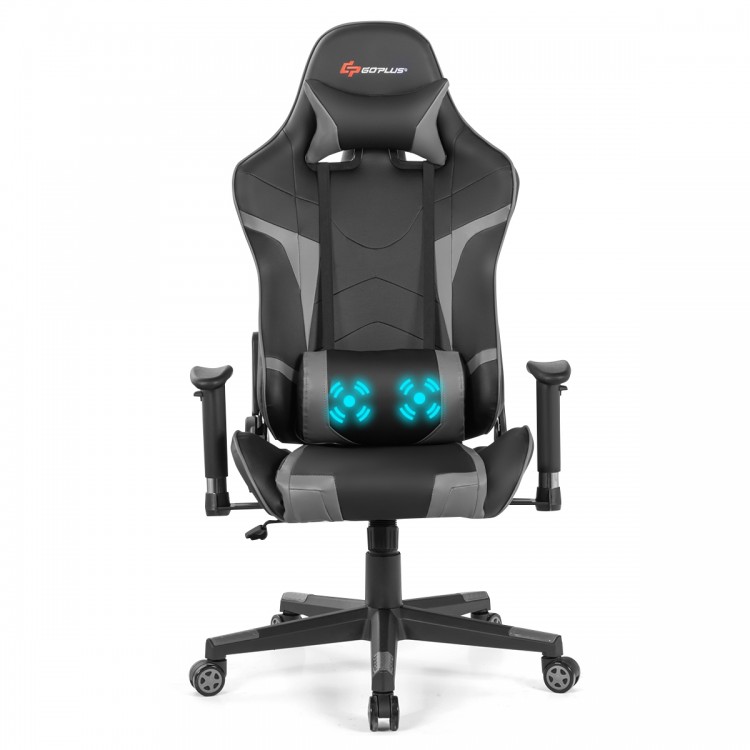 Reclining swivel gaming chair in gray with lumbar support and massage feature, perfect for gaming or office use.