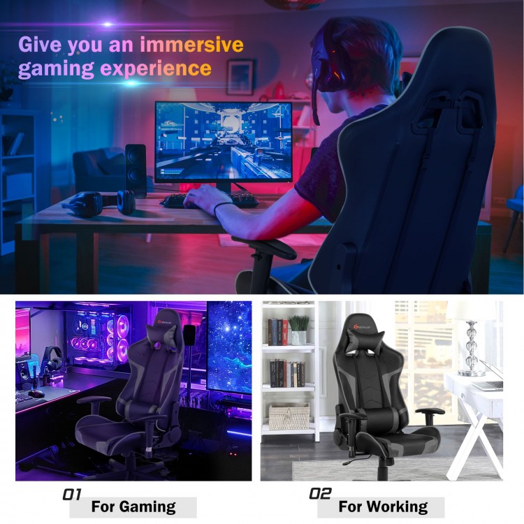 Reclining swivel gaming chair in gray with lumbar support, ideal for gaming or office use, featuring adjustable.