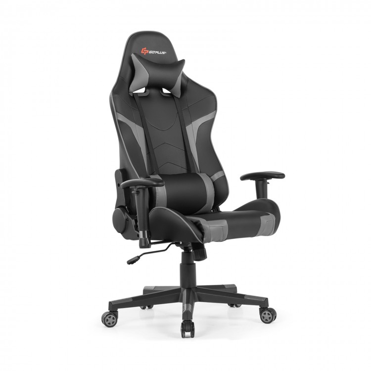 Reclining swivel gaming chair in gray with lumbar support, adjustable armrests, and 360-degree swivel for comfort.
