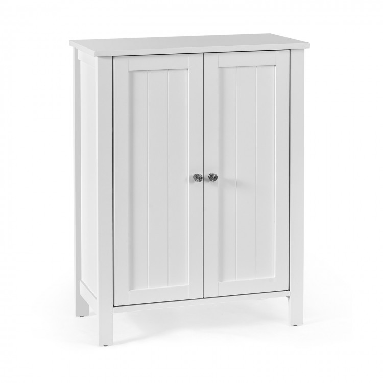 White 2-door bathroom storage cabinet with adjustable shelves, suitable for towels and toiletries, featuring a simple.