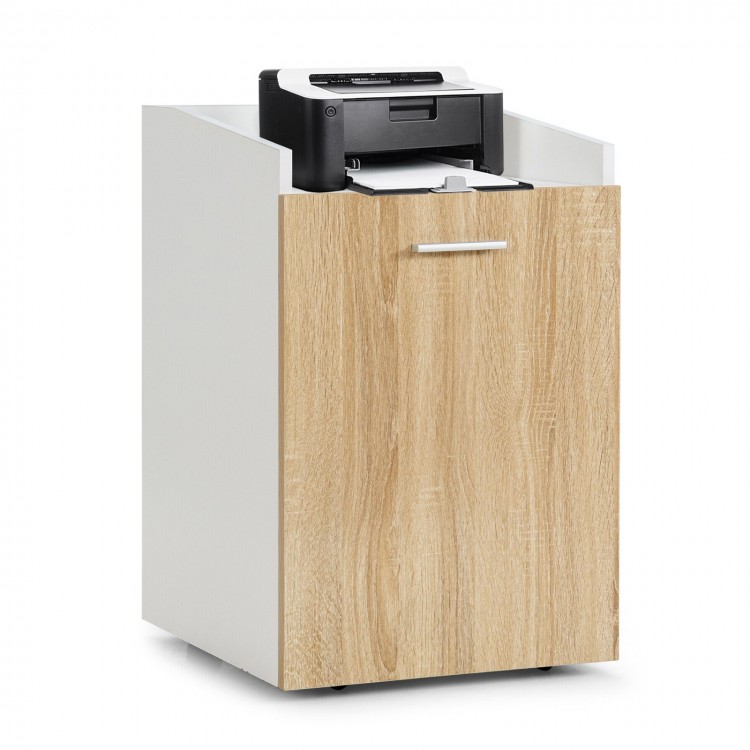 Mobile file cabinet in white with wood grain front, featuring two drawers and wheels for easy movement in the office.