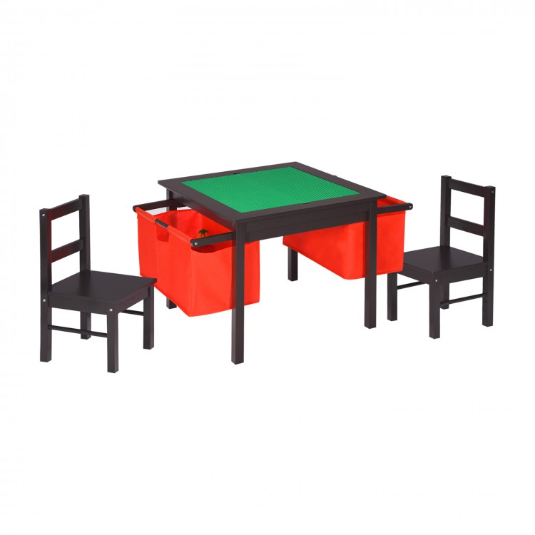 Kids activity table set with dark brown finish, includes storage drawers and two chairs, perfect for playroom use.
