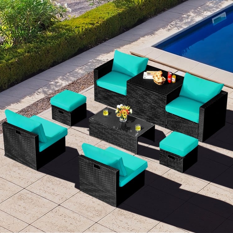 8-piece patio rattan furniture set with turquoise cushions, including a coffee table, ottomans, and sofas for outdoor.