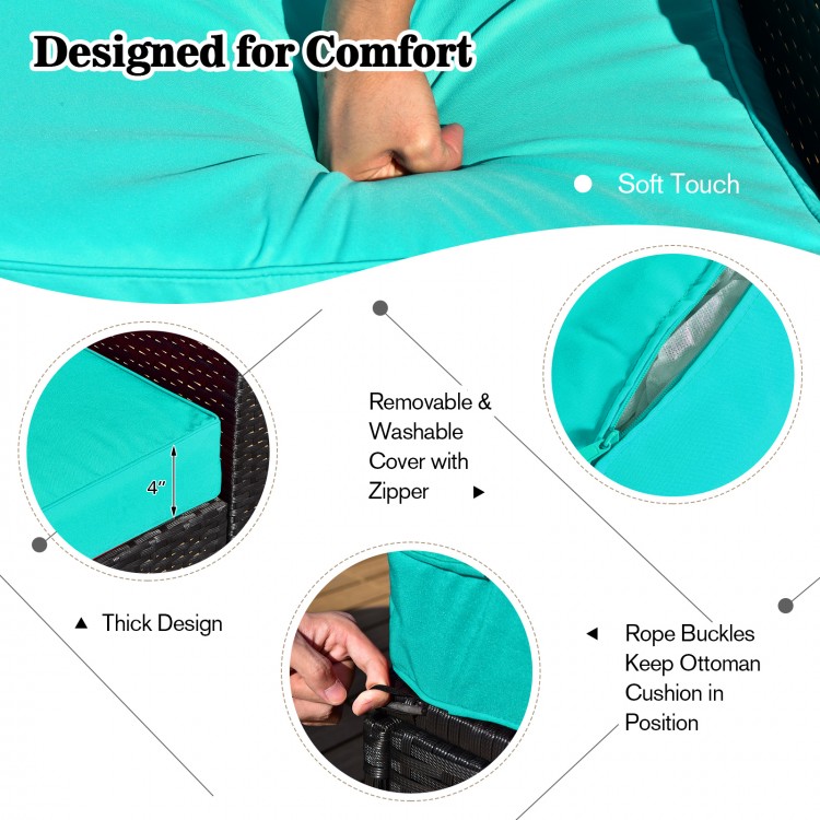Close-up of the turquoise cushion with zipper, showcasing soft touch and thick design for the 8-piece patio rattan set.