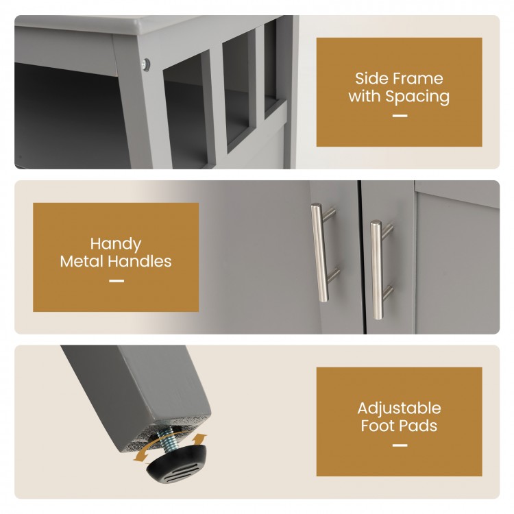 Side frame detail, metal handles, and adjustable foot pads of the Modern Practical Wooden Kitchen Lockers in gray.