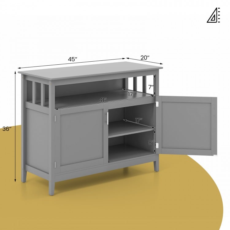 Gray modern wooden kitchen locker with large storage space, featuring double doors and an open shelf for versatile use.