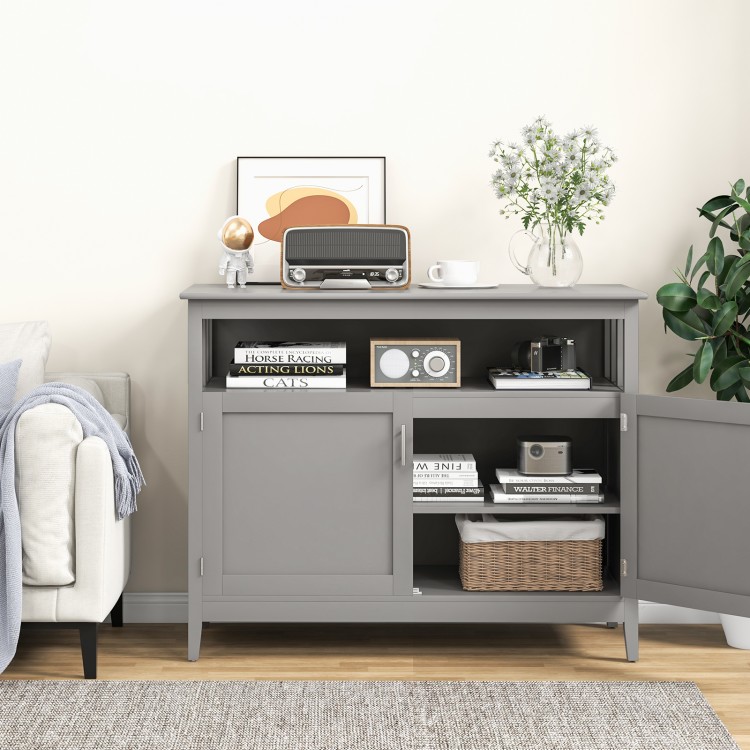 Gray wooden kitchen locker featuring a spacious top, double door compartment, and open shelf for versatile storage.