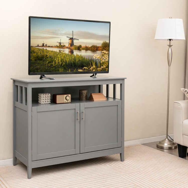 Gray wooden kitchen locker with large storage space, featuring a double door compartment and open shelf for.