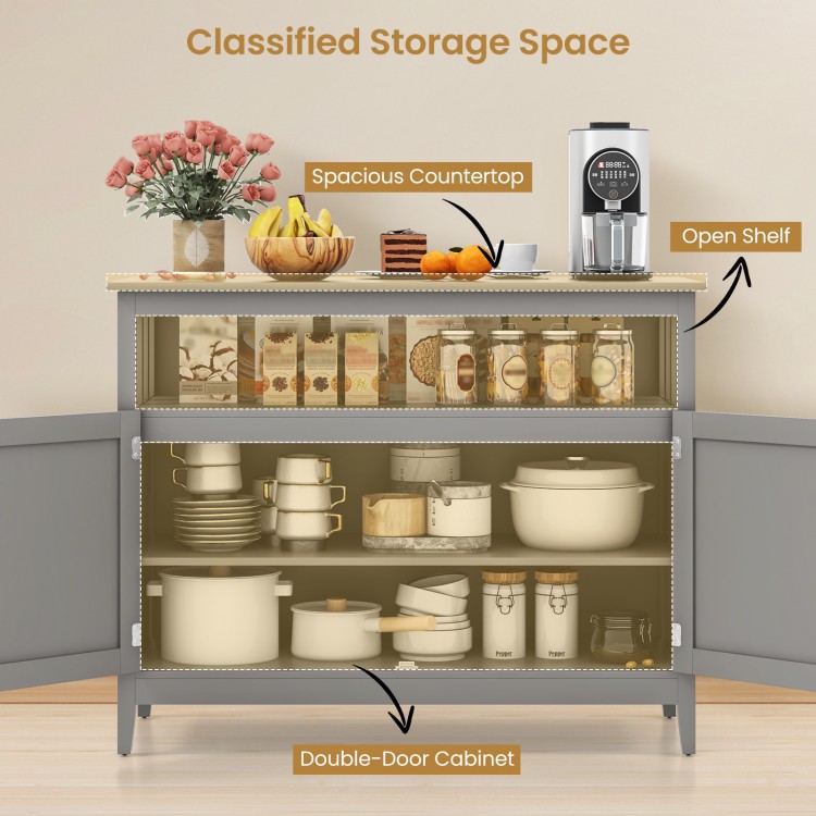 Modern gray wooden kitchen lockers featuring a spacious countertop, open shelf, and double-door cabinet for ample.