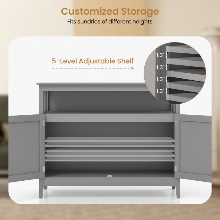 Gray wooden kitchen locker featuring a spacious top, double door compartment, and a 5-level adjustable shelf for.