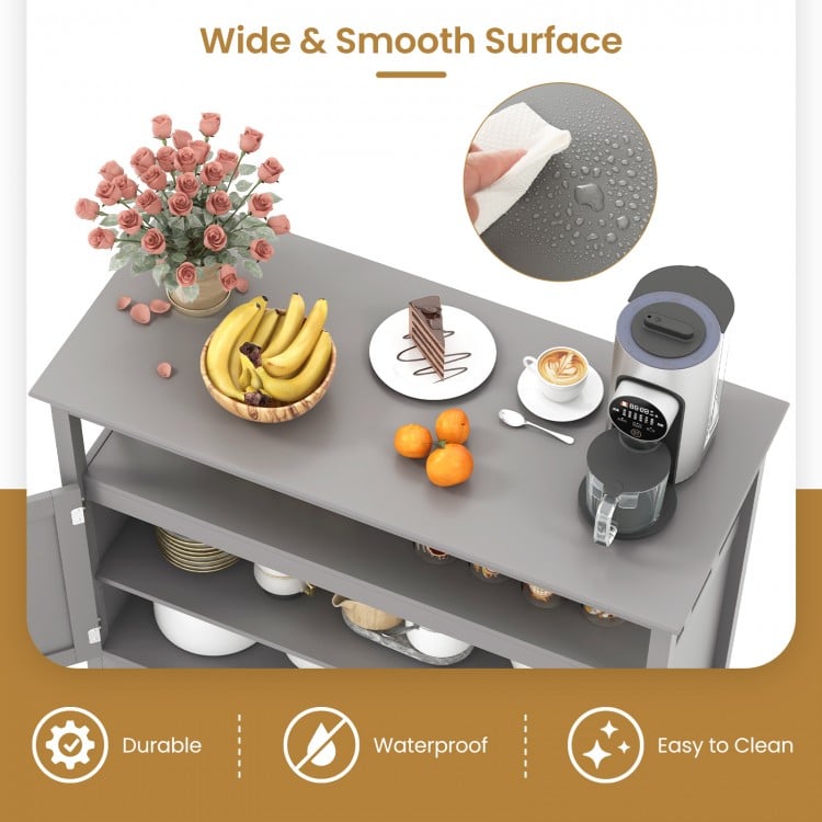 Gray wooden kitchen locker with a spacious top, open shelf, and decorative items, ideal for dining and storage.