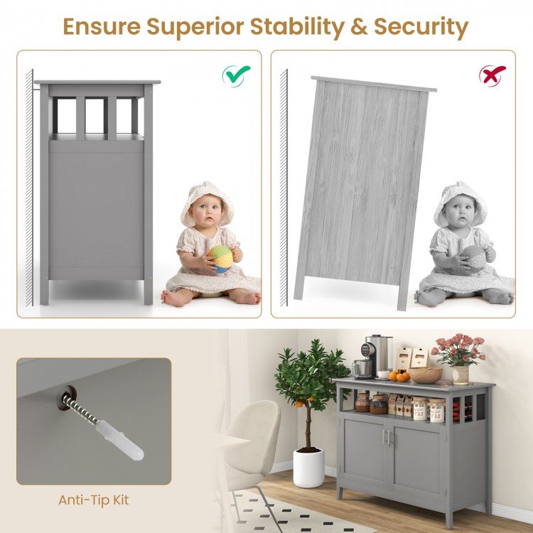 Gray wooden kitchen lockers showcasing stability features and anti-tip kit, ideal for dining room or restaurant use.