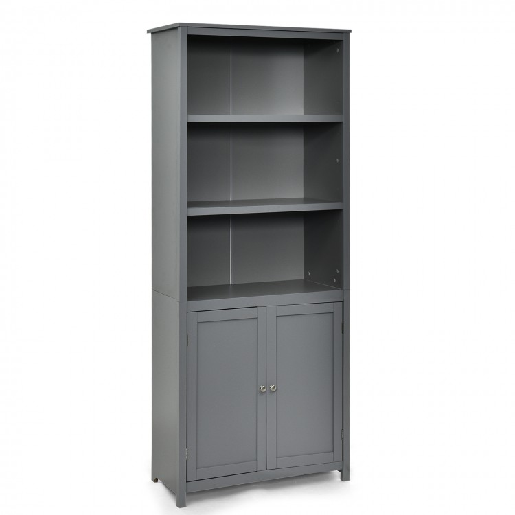 Gray bookcase shelving unit with doors, featuring adjustable shelves and a durable NC spray-painted finish for.