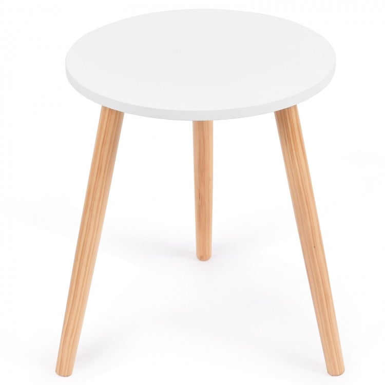 16-inch modern round coffee table featuring a sleek white MDF surface and natural pine wood legs, perfect for stylish.
